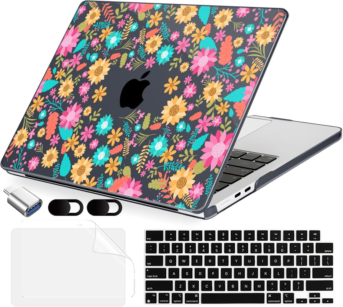 Compatible with MacBook Air 15 inch Case, M4 A3241/M3 A3114/M2 A2941 (Released 2025 to 2023), Hard Shell, Keyboard Cover, Screen Protector, Webcam Cover & Type-C Adapter, Colorful Flowers