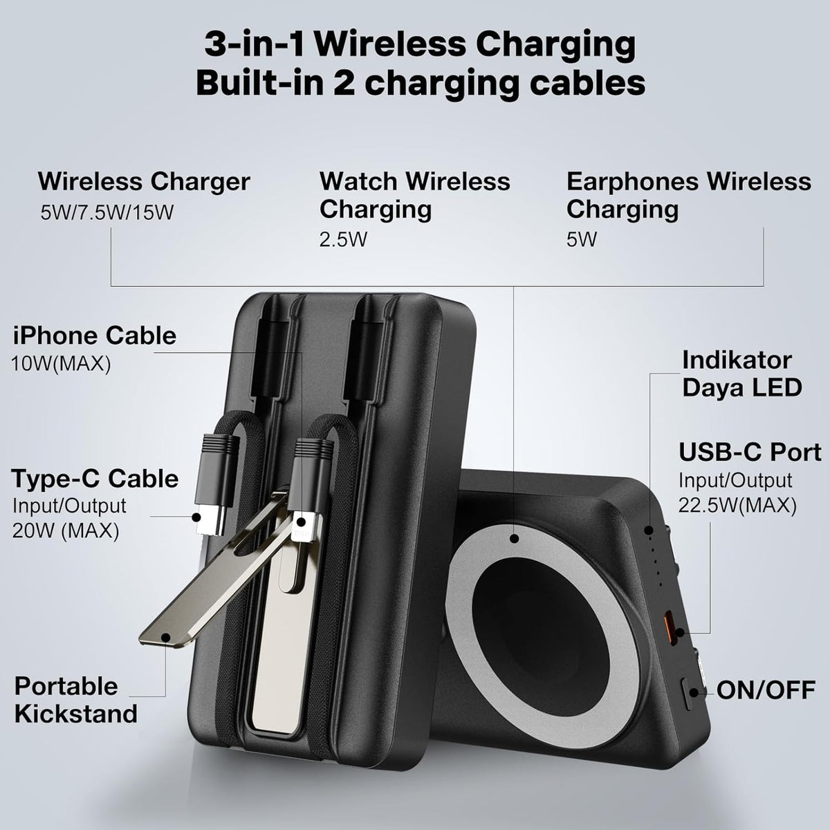 Wireless Portable Charger, 3-in-1 Magnetic Power Bank 10000mAh with USB-C/iOS Cable and Stand, 22.5W Fast Charging Battery Pack, Compatible with iPhone 16/15/14/13/12/Pro/Mini/Pro Max