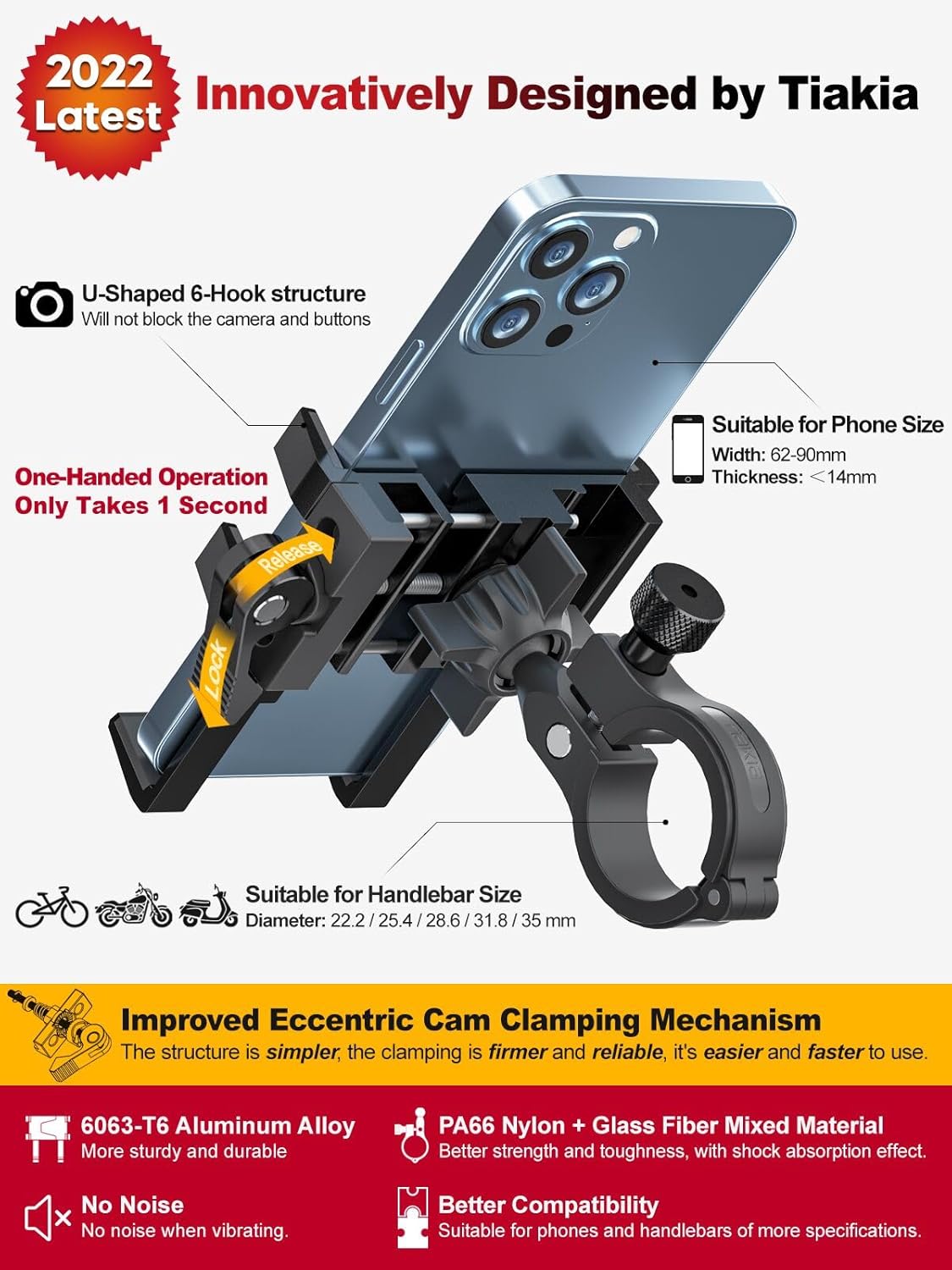 Tiakia Bike Phone Mount Holder, Aluminum Motorcycle Phone Mount, Handlebar Mounted Cell Phone Holder for Bike, 360° Rotation, Universal Bicycle Phone Mount for 4.5-7 Inch Phones