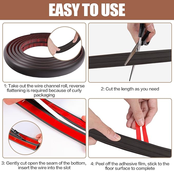 Floor Cord Cover Self Adhesive Cord Hider,3.3FT Cable Management, Extension Strip Protector for Wires, Prevent Cable Trips for Offices, Gyms, Exhibitions Cavity:0.39"(W) x 0.27"(H) Black Wood