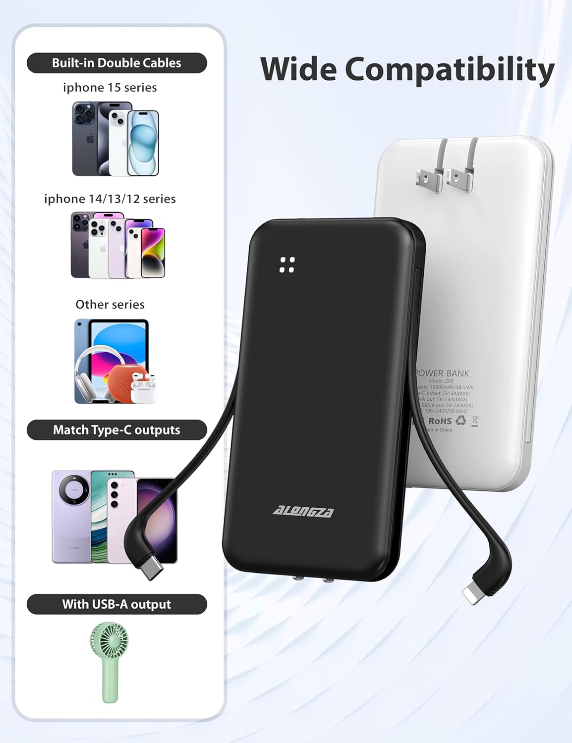 Alongza Portable Charger Built-in Cables and AC Wall Plug, Slim Fast Charging Power Bank 10000mAh, Lightweight USB C External Battery Pack Compact Travel Cell Phone Charger, 2 Pack Black & White
