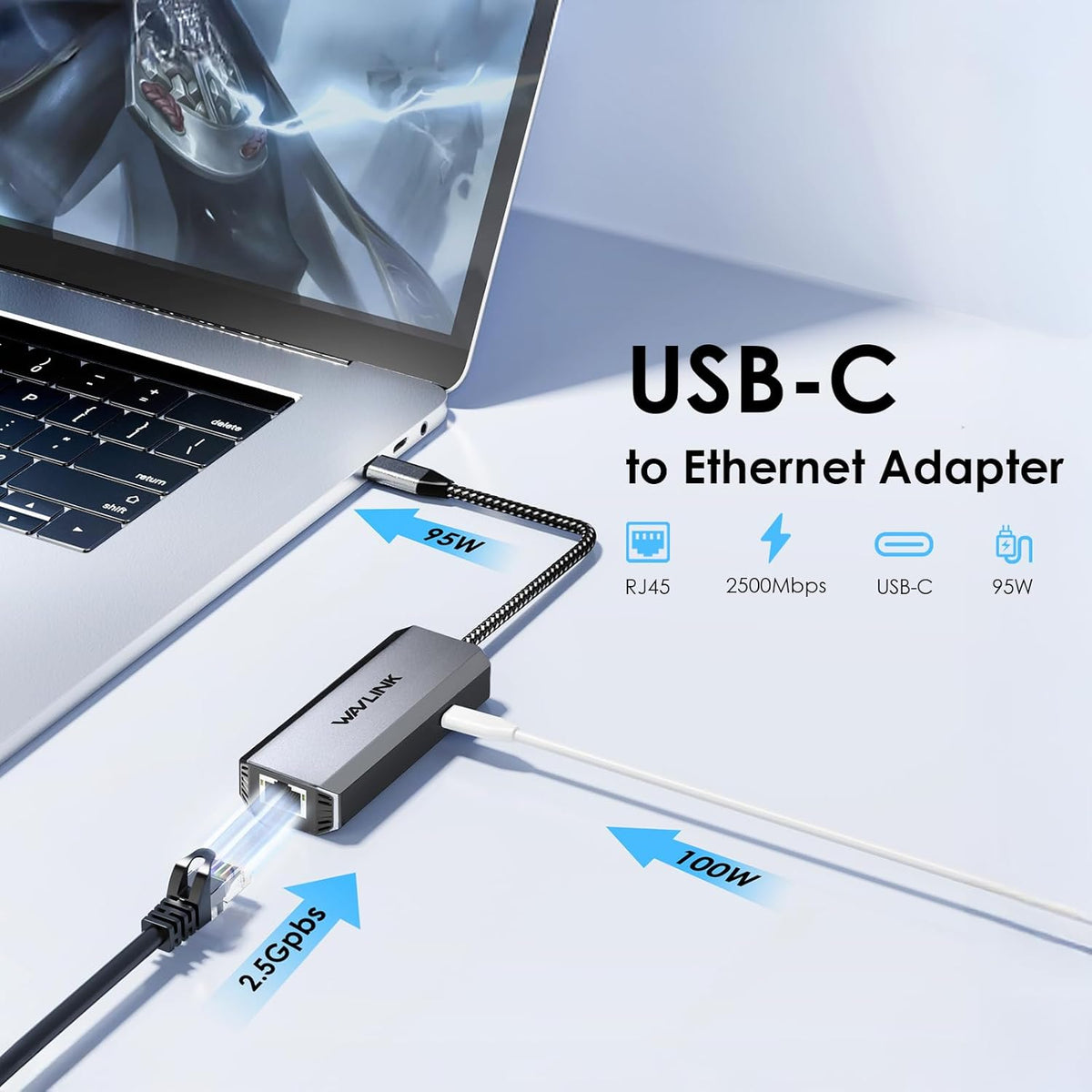 WAVLINK USB C to Ethernet Adapter 2.5 Gbps, USB to 2.5G Ethernet Adapter with 95W Power for Laptop, USB-C to RJ45 Network Converter (Thunderbolt 4/3 Compatible) for Windows, Mac OS, iPad OS and More