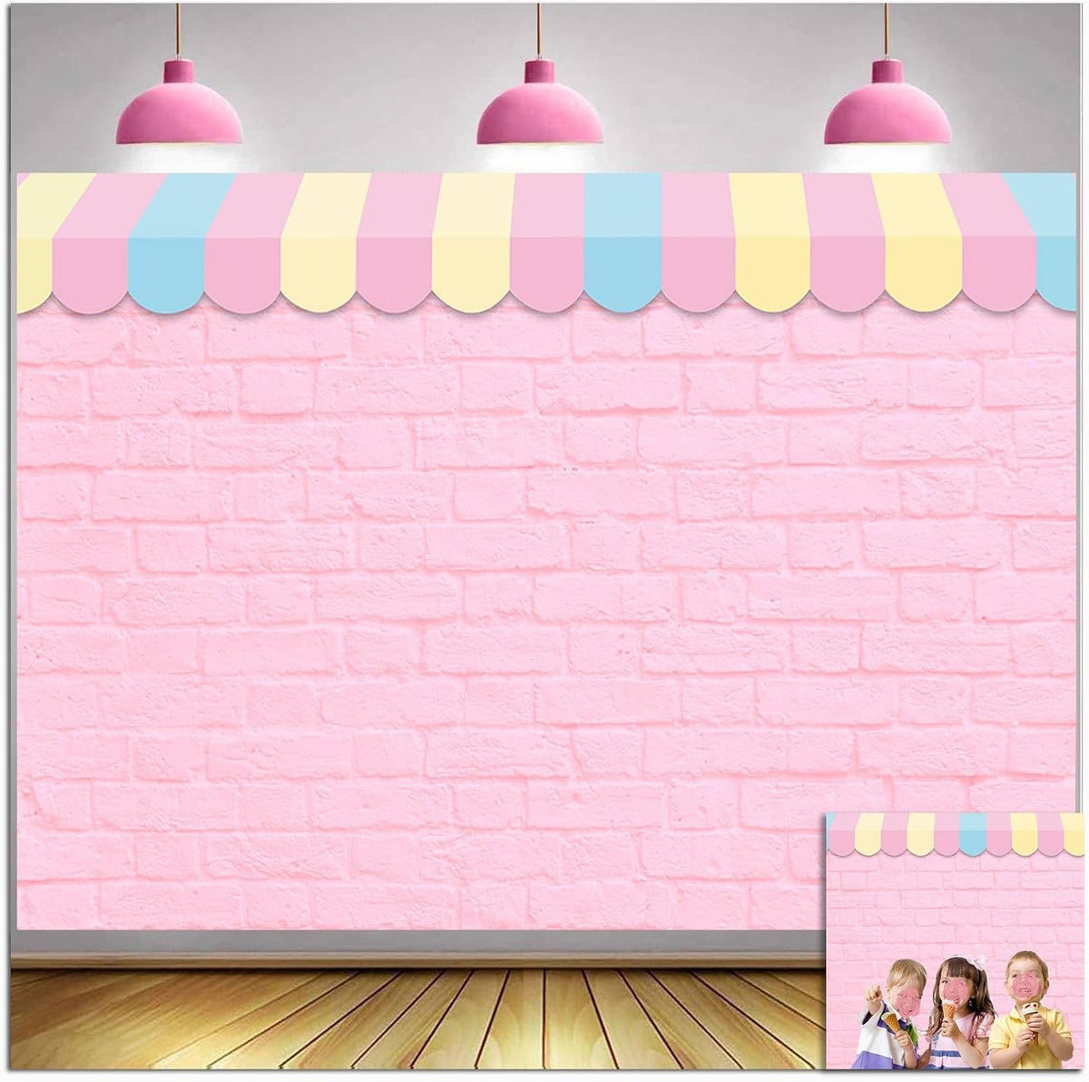 HQM 7X5ft Pink Brick Wall Ice Cream Parlor Photography Background Fabric Princess Girl Kids Baby Girl Birthday Party