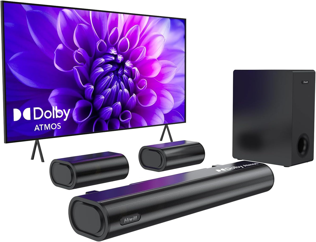 Hiwill 5.1ch Dolby Atmos Soundbar with 5.25'' Subwoofer, Clear Voice, Surround Sound System w/2 Wired Rear Speakers, 380W Peak Power Bluetooth PC Sound Bar for TV, eARC/ARC/Opt, 2025