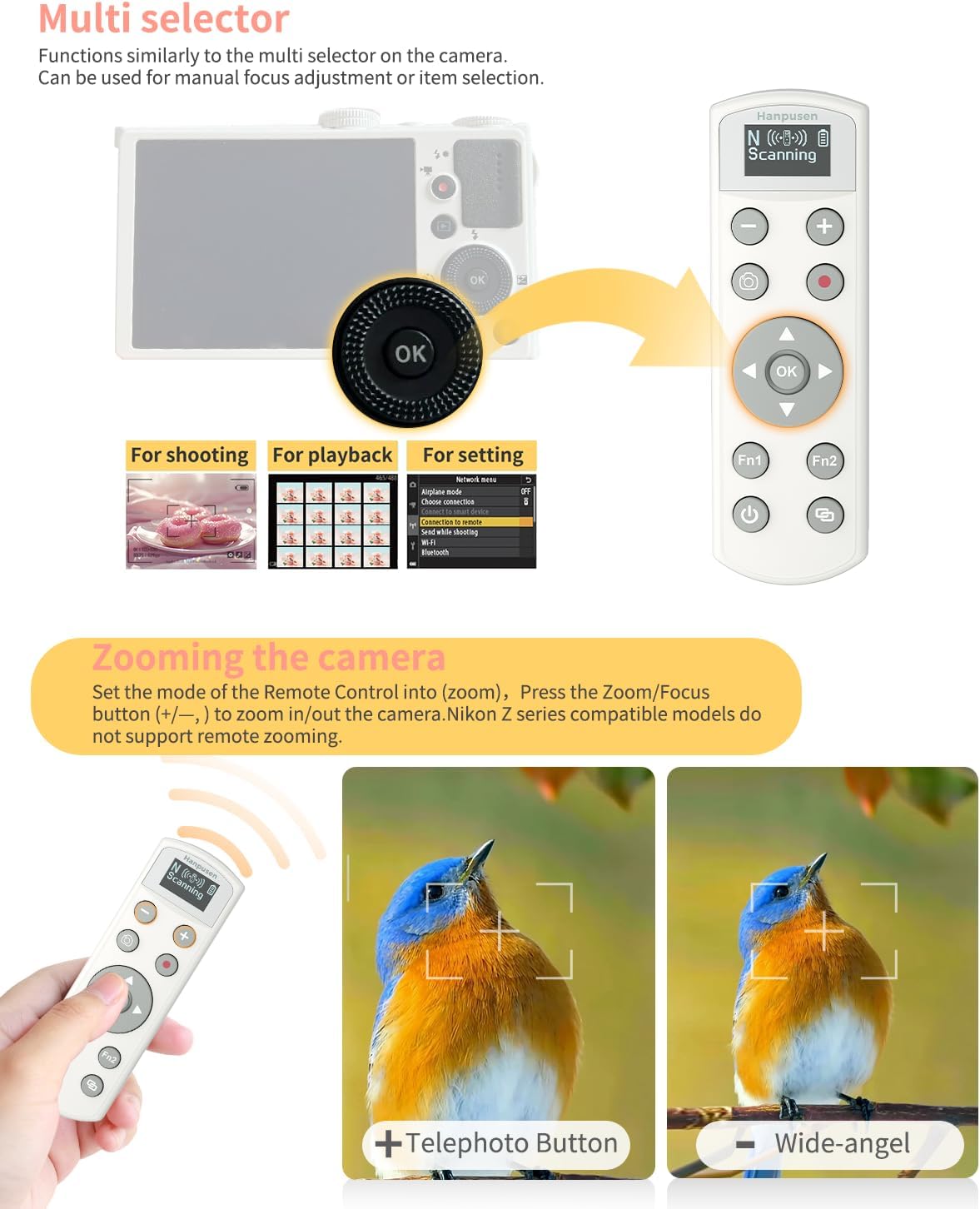 Hanpusen Rechargeable Camera Remote Control - Wireless Shutter Release with OLED Screen Compatible with Nikon Z6lll, Z30, Z50, Z50ll, Zfc, Zf,Z6II,Z7II,B600,P1000,P950；Replaces ML-L7