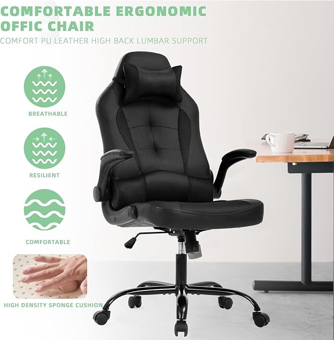 Video Gaming ChairErgonomic Computer Office Desk Chair with Comfy Lumbar Support PU Leather Recliner with Headrest Fixed Up Armrest Height Adjustable with 360° Swivel for Adults GamingBlack