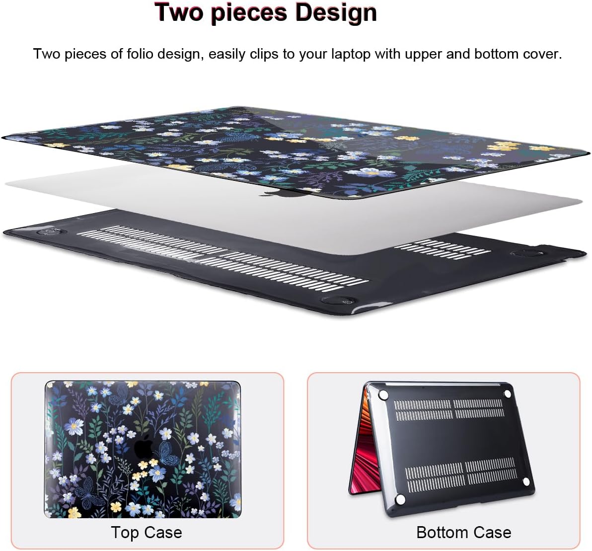 for M1 MacBook Air 13 Inch Case 2021 2020 2019 2018 Release M1 A2337 A2179 A1932 Cover with Retina Display & Touch ID, Printed Pattern Plastic Hard Shell Case, Meadow Wildflower Black