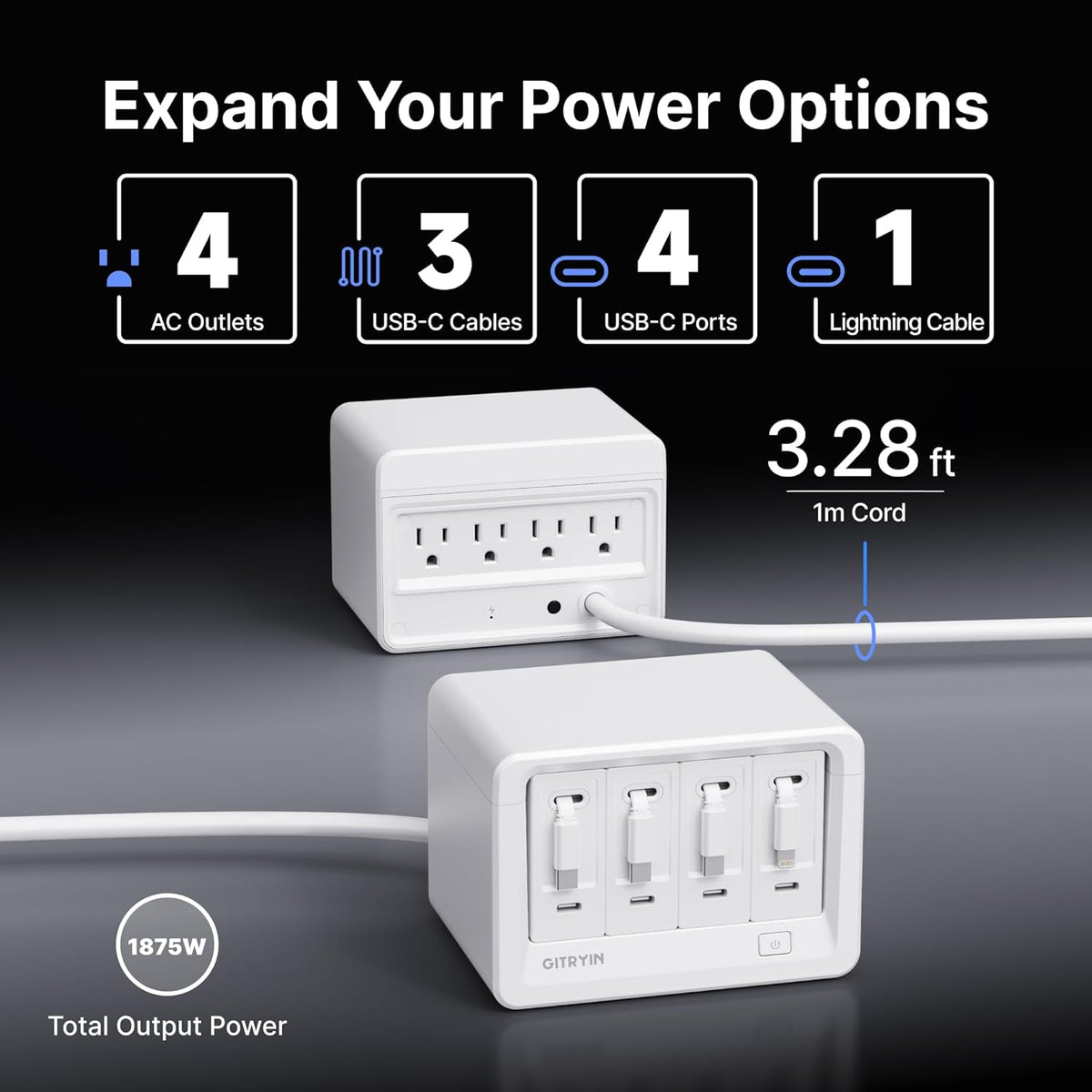 12-in-1 Desktop Charging Station with 3 Retractable Type-C Chargers and 1 Lightning Charger, 40W USB-C Power Strip with 31.5in Cable, Extension Cord with 1020J Surge Protection for Home Office