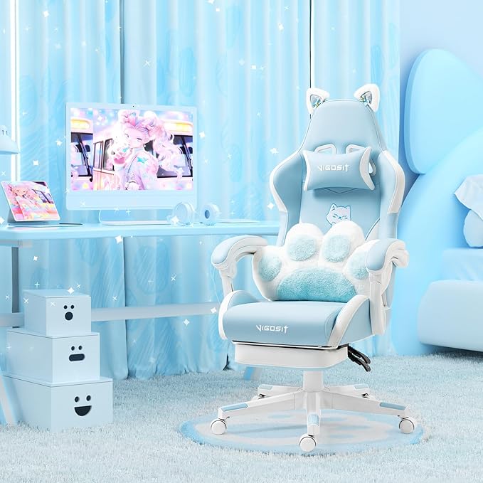 Cat Ears Gaming Chair - Ergonomic PU Leather Office Chair Cute Chair with Footrest for Adult 310lbs Capacity 90°-155° Reclining paw Pillow Blue