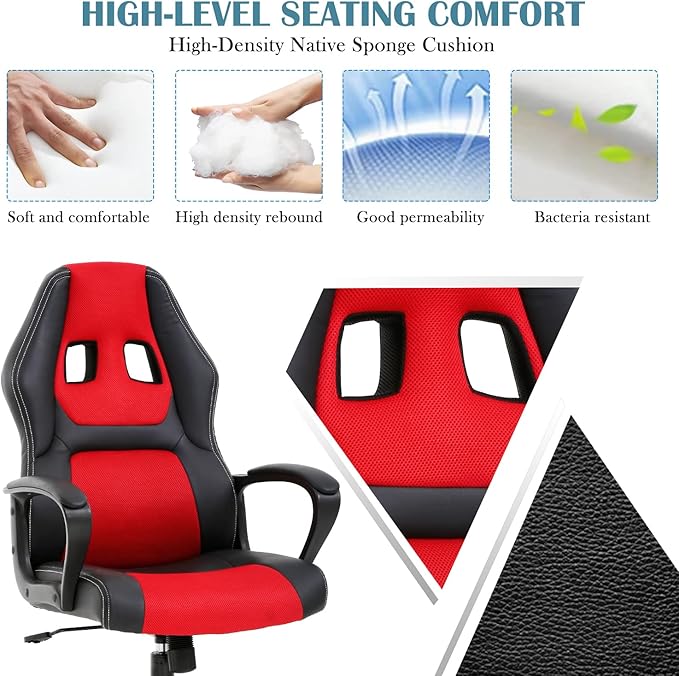 Gaming Chair Max 250LBS Office Chairs with Ergonomic Design Comfortable Office Chair PU Leather with Mesh Back Gaming Chairs with 360-Degree Swivel Gaming Chairs for Adults PC Chair RED