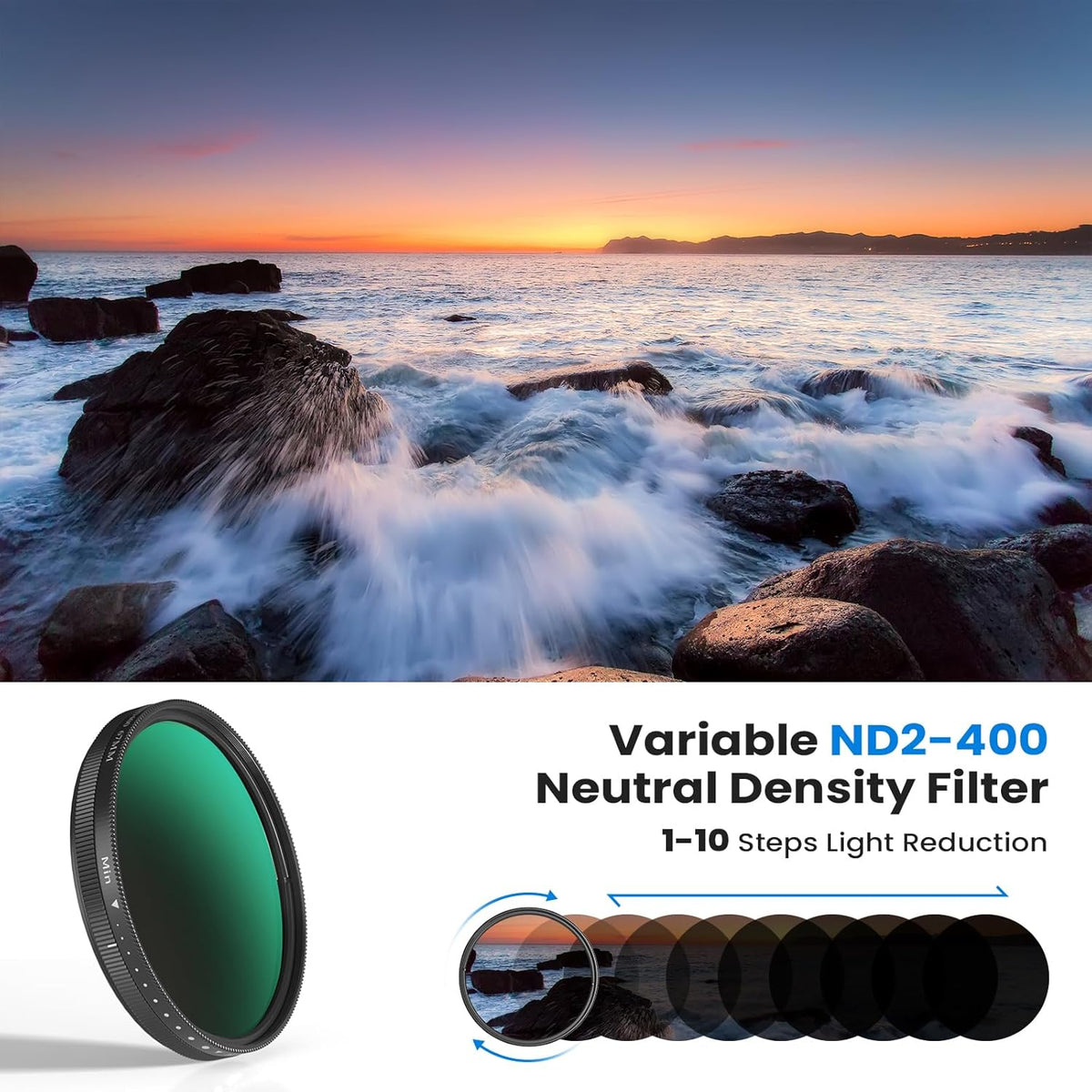 67mm Variable ND2-400 Filter for Phone/DSLR, HD Adjustable Neutral Density Filter with Universal Clip,Adapter Ring, Lens Attachment for iPhone 16 15 14 13 12 Samsung Pixel and Other Smartphones/Camera