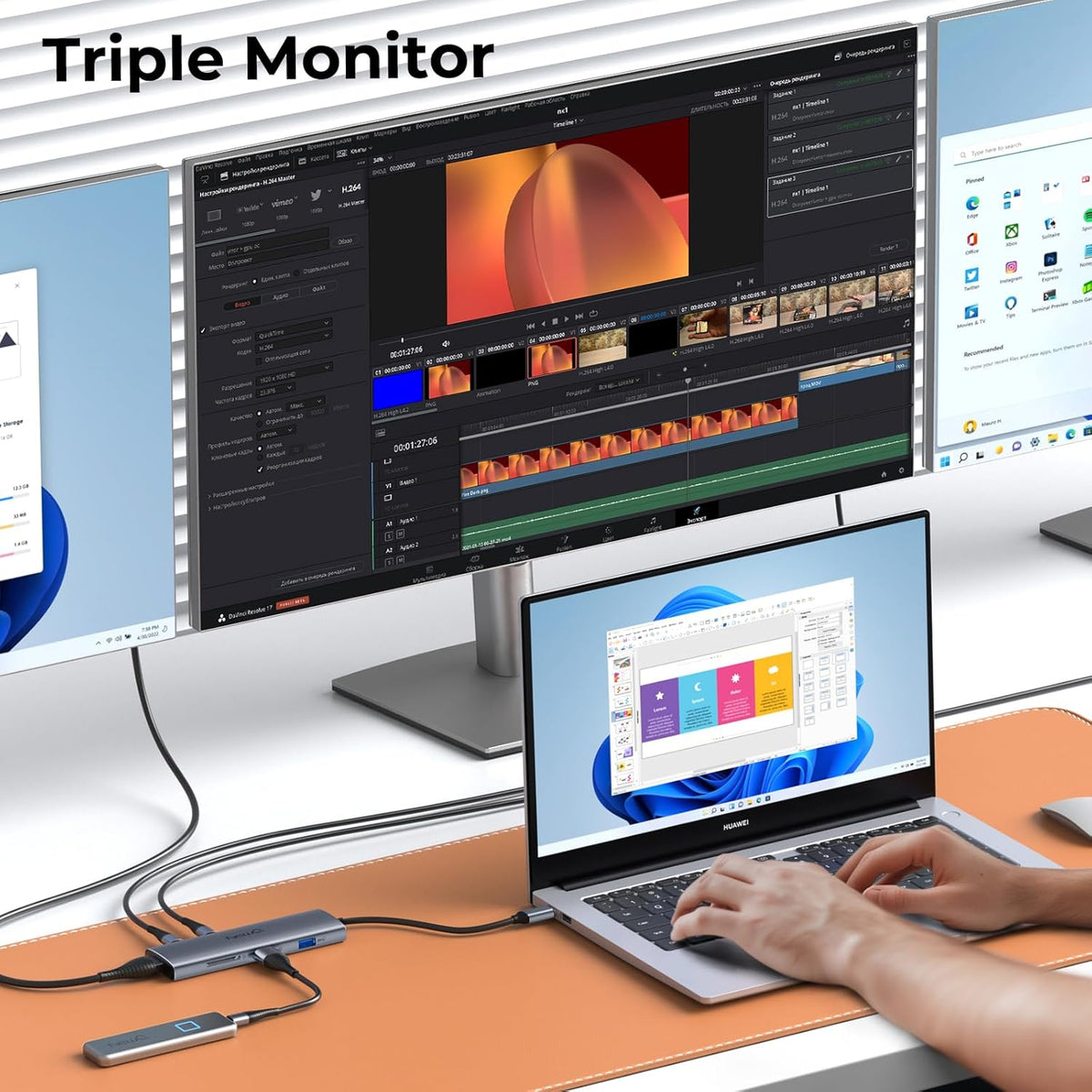 USB C to USBC Hub Dual/Triple Monitor, USBC Splitter 4K@30-60Hz with HDMI, 6 * 10Gbps, 100W PD, SD4.0, Full-Function Type C Port, Docking Station for Windows, Chromos Laptops, with USBC Video Cable