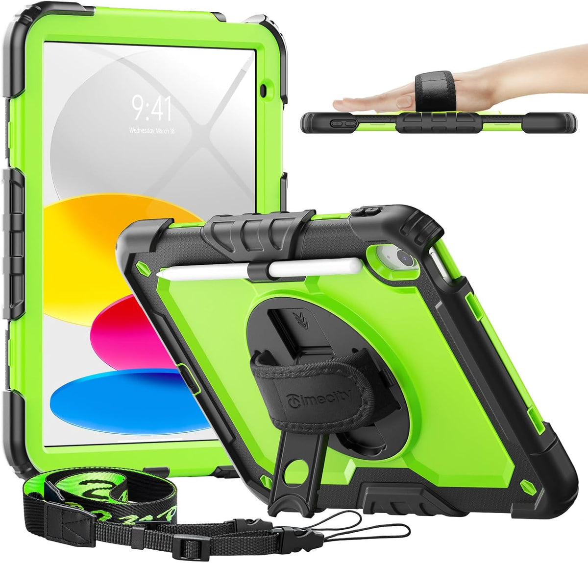 timecity for iPad (A16) 11th/ 10th Generation Case 11''/ 10.9 Inch (2025/2022) - Heavy Duty Protective Cover with Screen Protector, Stand, Shoulder Strap & Pencil Holder | Kids-Friendly - Green