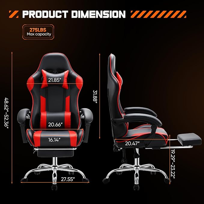 Sweetcrispy Video Game Chair - Ergonomic Computer Desk with Footrest and Comfy Lumbar Support PU Leather Recliner with Headrest Fixed Up Armrest Height Adjustable with 360° Swivel for Adults Red
