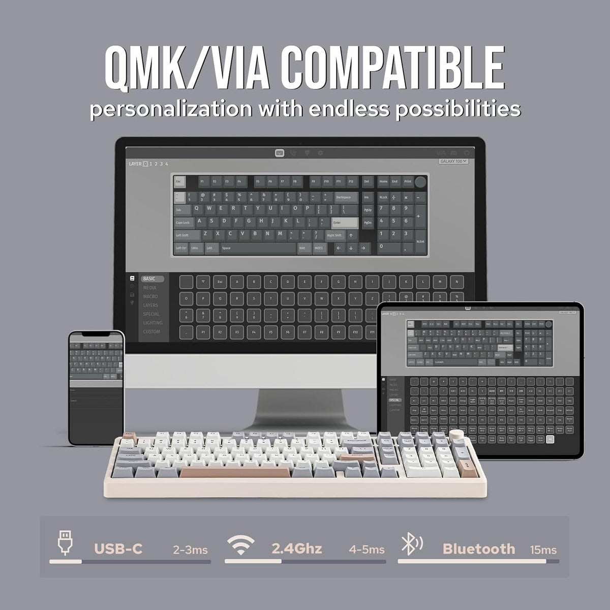 EPOMAKER Galaxy100 QMK/VIA Wireless Gaming Keyboard, Aluminum Shell, Bluetooth/2.4Ghz/USB-C, Pre-Lubed Hot-Swappable Linear Switches, NKRO, RGB Backlit (Creamy White, Wisteria Linear Switch)