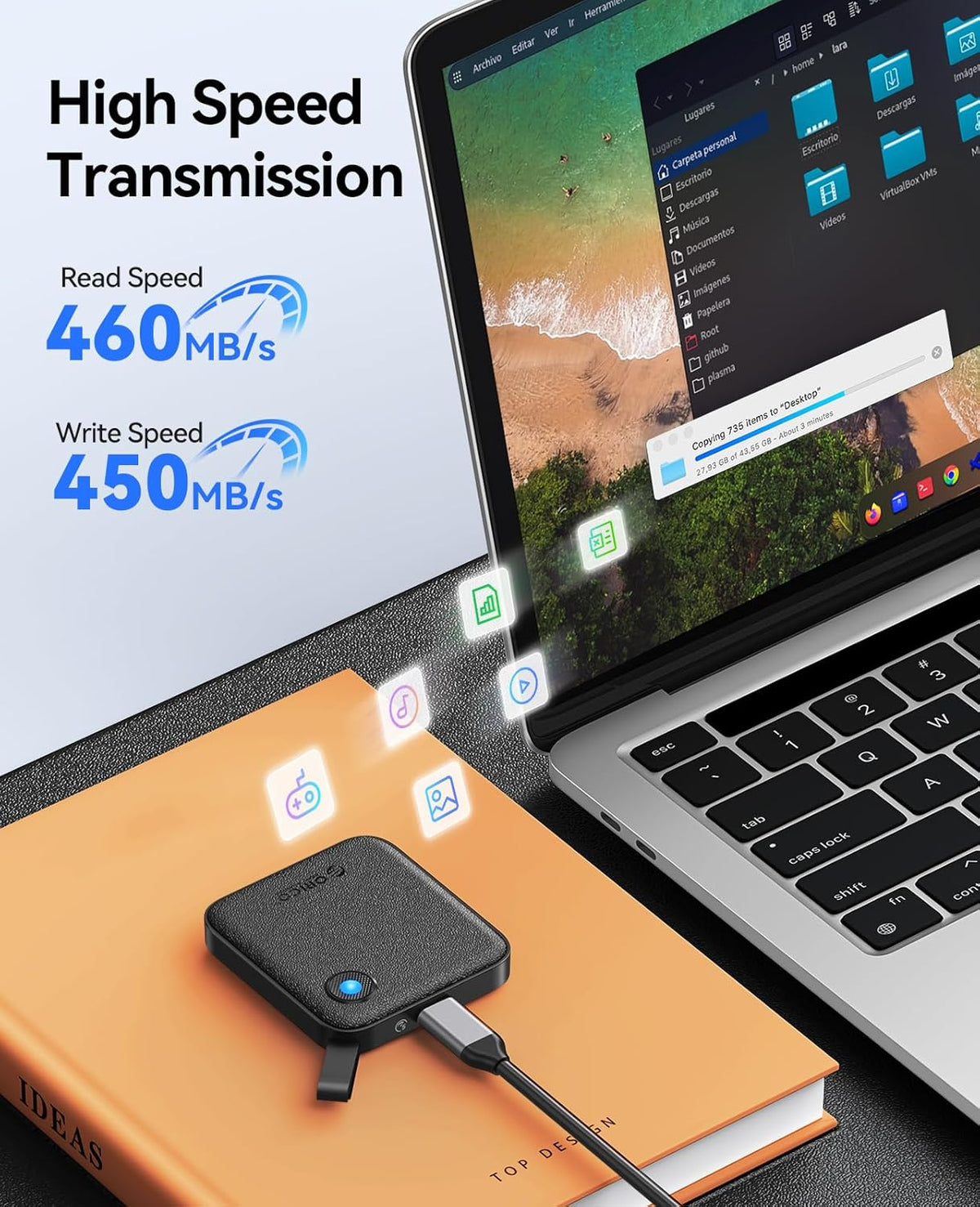ORICO Portable SSD 2 TB with 2 in 1 USB C Cable, External Solid State Drives, Up to 460MB/s, Status Indicator, Reliable Storage for USB-C Smartphone, Tablet, PC - B5PLUS