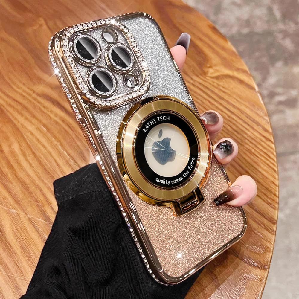 Magnetic Kickstand (Glitter Lens Protector ) Case for iPhone 16 15 14 13 Pro Max (Compatible with Magsafe ) Sparkling Diamond Cover Glitter Shiny Rhinestone Cases (Gold,for iPhone 16 Plus)