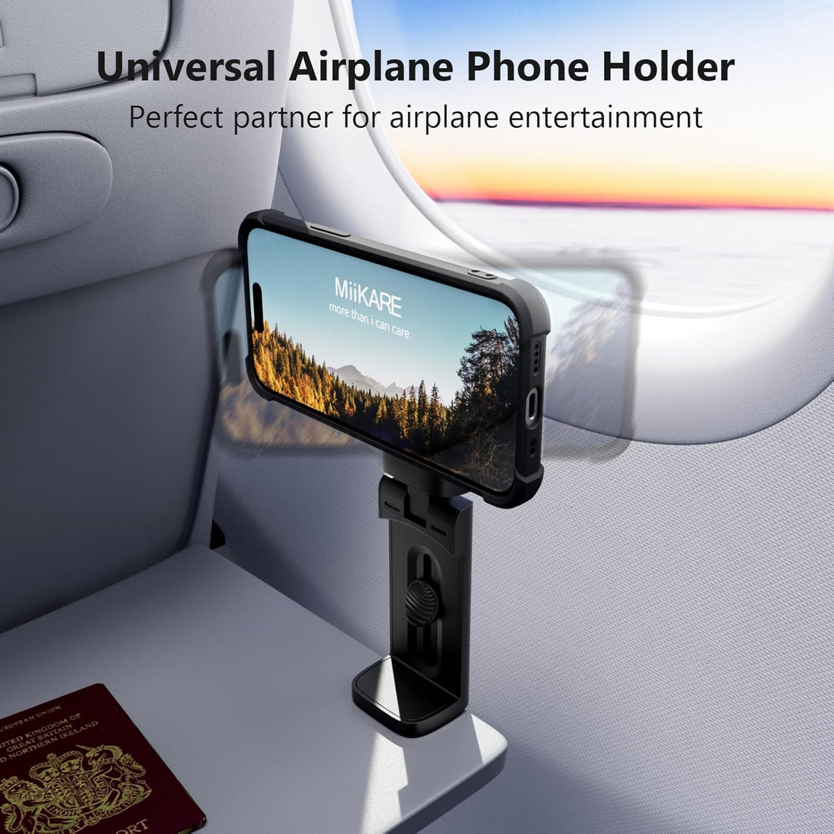 MiiKARE Travel Essentials Magnetic Airplane Phone Holder, Universal Handsfree Phone Mount for Flying with 360 Degree Rotation, Travel Must Haves Phone Stand for Desk, Tray Table, Black