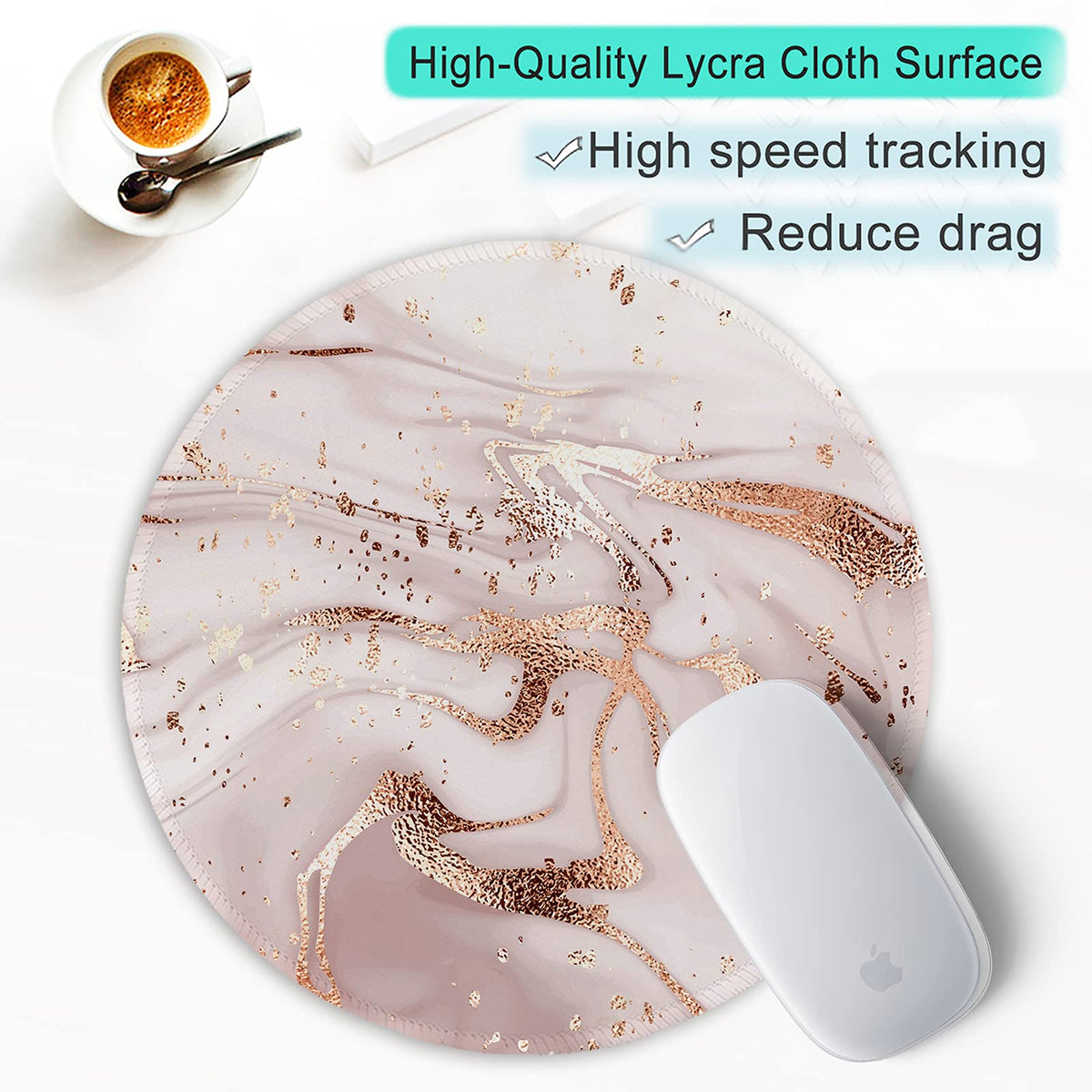 ITNRSIIET Round Mouse Pad with Stitched Edge Premium-Textured Waterproof Non-Slip Rubber Base Desktop Protection Mat Diameter 8.7 inches, Rose Gold Marbling
