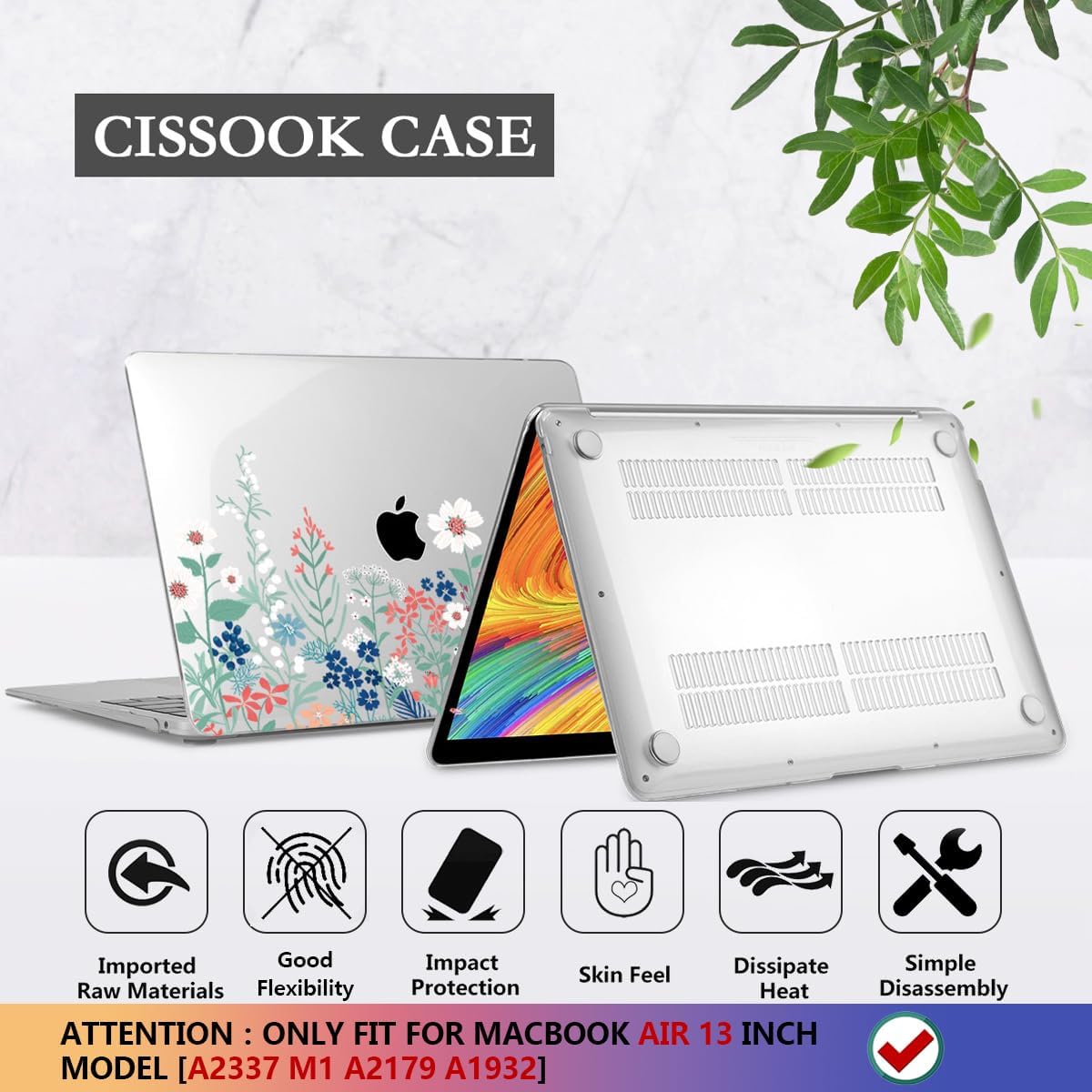 CISSOOK Compatible with MacBook Air 13 inch Case 2021 2020 2019 2018 Release A2337 M1 A2179 A1932 Model, Wild Floral Hard Shell Case for MacBook Air 13 Inch with Touch ID 2021-2018, Wild Green Flower