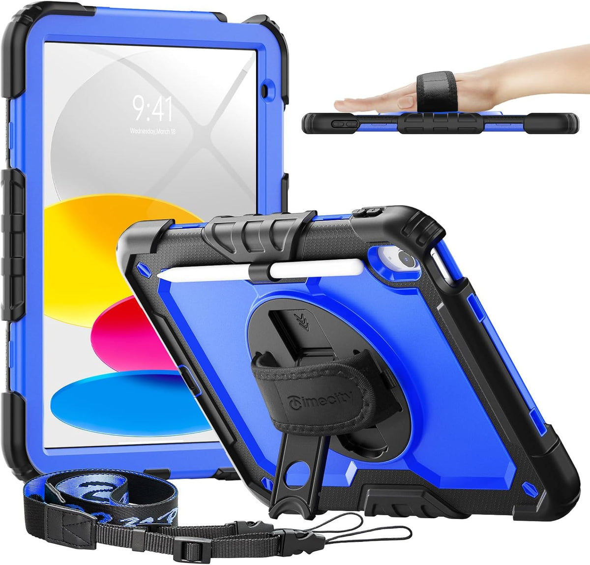 timecity for iPad (A16) 11th/ 10th Generation Case 11''/ 10.9 Inch (2025/2022) - Heavy Duty Protective Cover with Screen Protector, Stand, Shoulder Strap & Pencil Holder | Kids-Friendly - Dark Blue