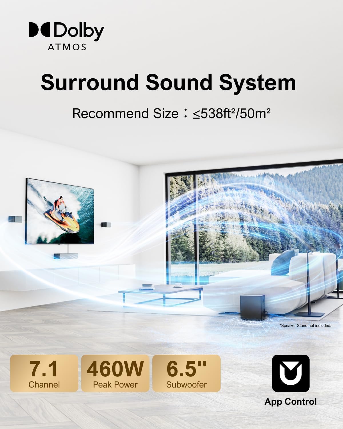 ULTIMEA 7.1CH Surround Sound System for TV, Soundbar with Dolby Atmos, 6.5" Wireless Subwoofer, APP Control, 4 Wired Surround Speakers, Peak Power 460W Soundbar for TV, Poseidon D80 (New 2025 Model)