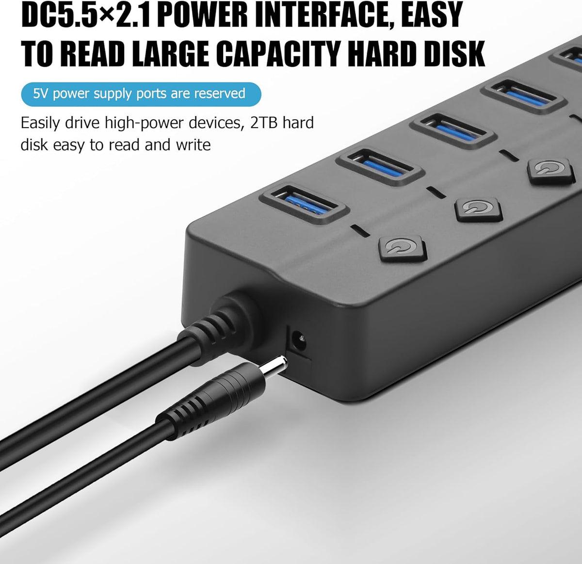 90 Degree USB Hub Splitter YACSEJAO USB 2.0 Data Hub with Individual LED Button On/Off Switch DC5.5 * 2.1 Power Port for Laptop,PC Computer (7 Ports, 0.3M)