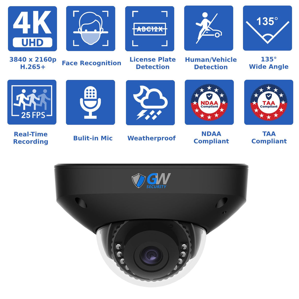 GW Security 8 Channel NVR UltraHD 4K Face Recognition NDAA & TAA Compliant Security Camera System with 8 x 8MP Waterproof 130° Wide Angle PoE Dome
