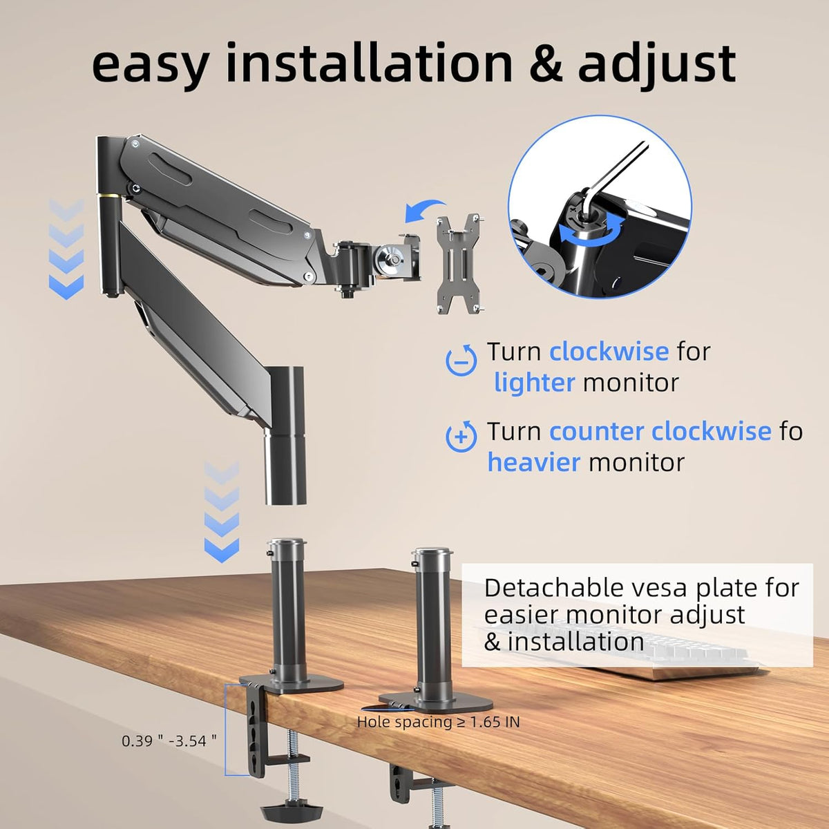 Pholiten Premium Aluminum Heavy Duty Monitor Arm，Ultrawide Monitor Arm,Full Motion Single Computer Mount for Computer Screens up to 49 inchs and 46.2lbs,Adjustable Clamp and Grommet Vesa Mount.