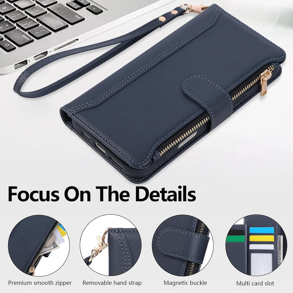 Compatible with iPhone 11 Wallet Phone Case-PU Leather Magnetic Flip Cover with Credit Card Slots,Zipper Pocket & Detachable Wrist Strap,Shockproof Design,for Women and Men-Navy Blue