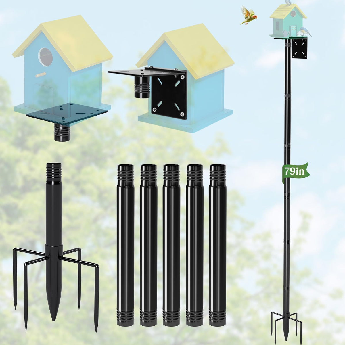 79-Inch Birdhouse Pole Stand, Heavy Duty Metal Bird House Mount with Ground Stake Base, Multi-Section Outdoor Pole for Birdhouses, Feeders & Garden