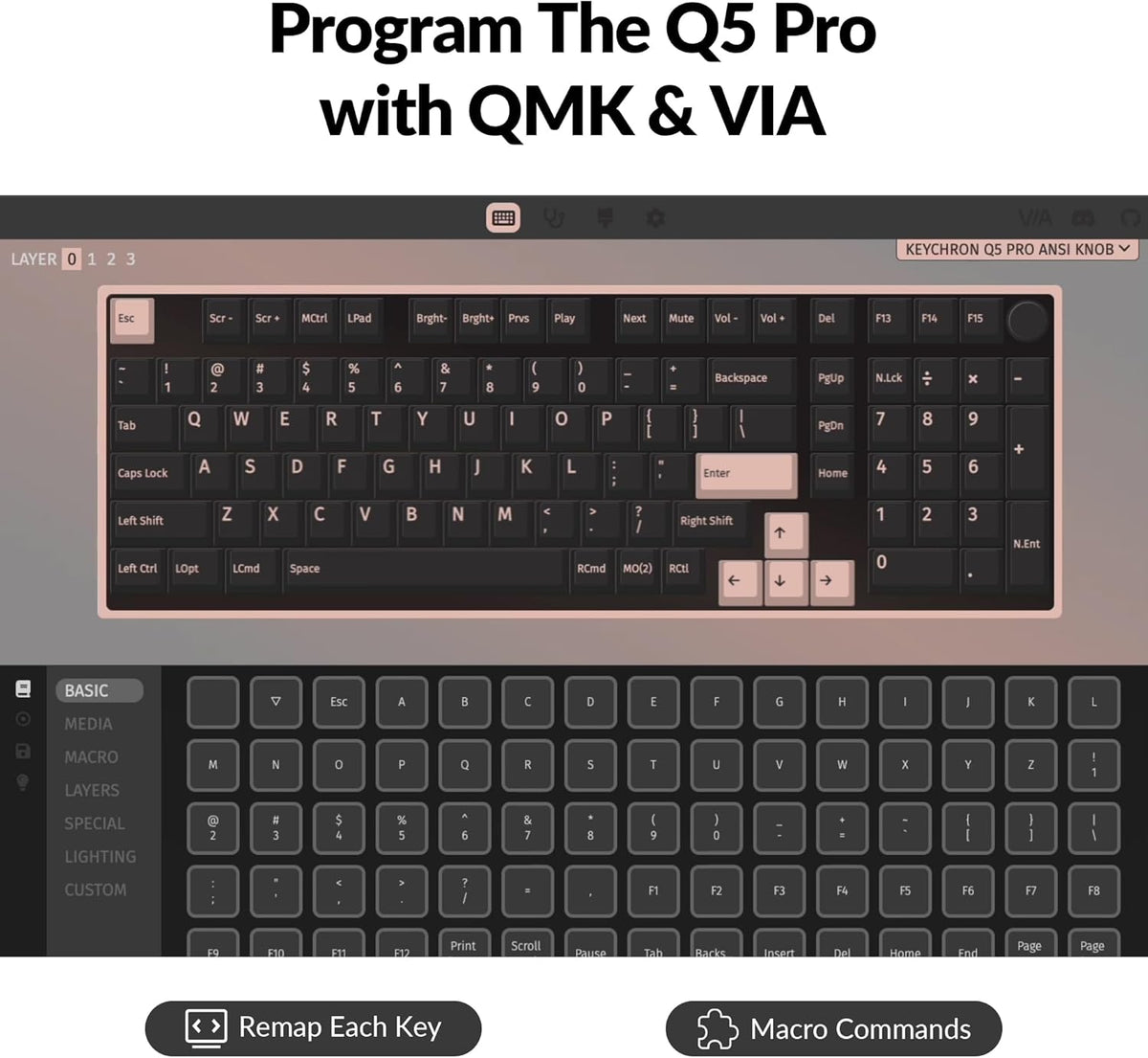 Keychron Q5 Pro QMK/VIA Wireless Custom Mechanical Keyboard, 96% Layout with Programmable Knob, KSA Double-Shot PBT Keycaps with Hot-swappable K Pro Banana Switch for Mac Windows Linux - Gray