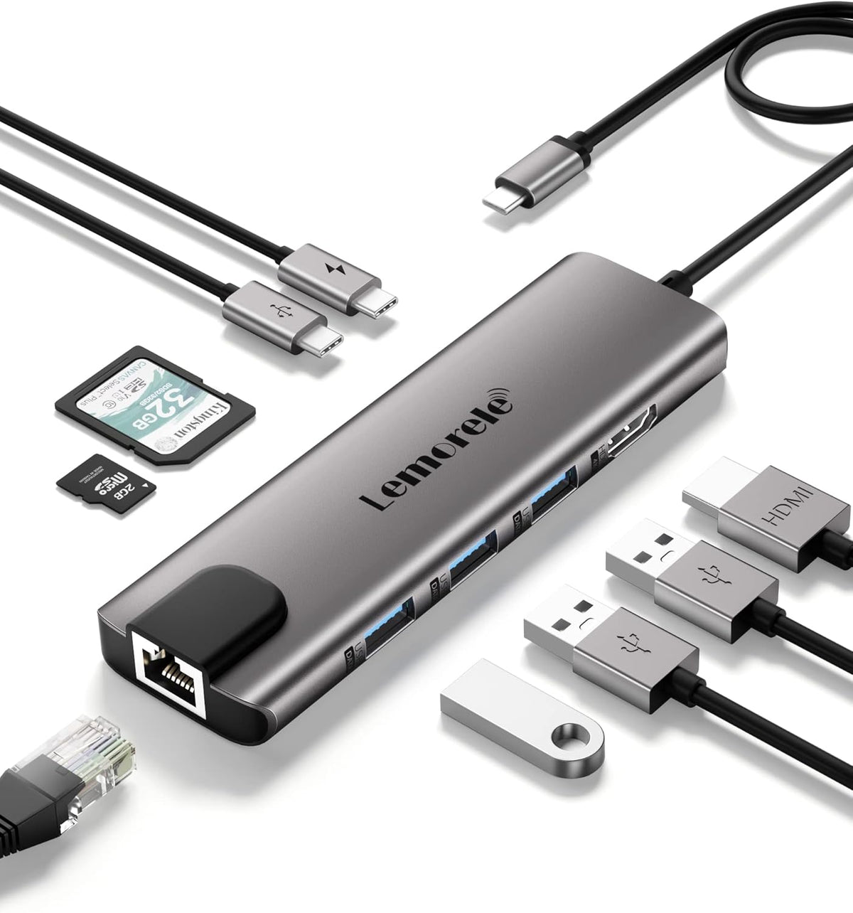 Lemorele USB C Hub Multiport Adapter 9 in 1 w/Gigabit Ethernet, 100W PD, HDMI 4K, 3 USB 2.0, 5Gbps USB C Data Port, SD/TF Card Reader, Dongle Docking Station for MacBook Lenovo HP Dell Laptops