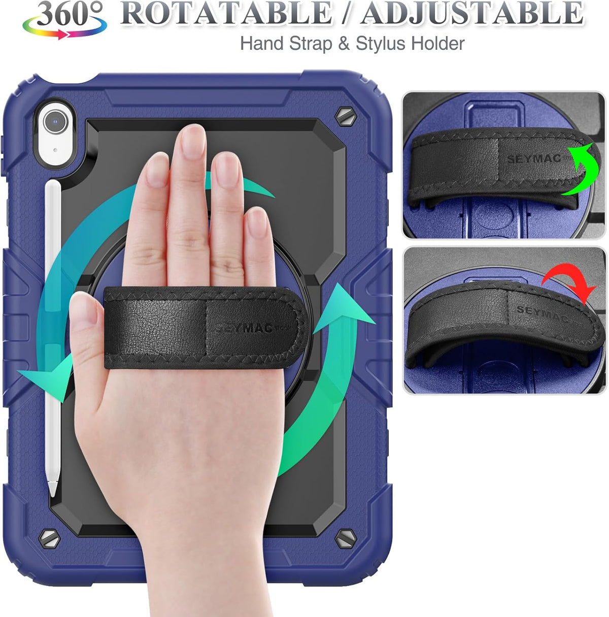 SEYMAC stock Case for iPad (A16) 11th/10th Generation 11''/10.9'' 2025/2022, Full-Body Drop Protection Case with Screen Protector &360° Rotate Hand Strap/Stand, Navy Blue