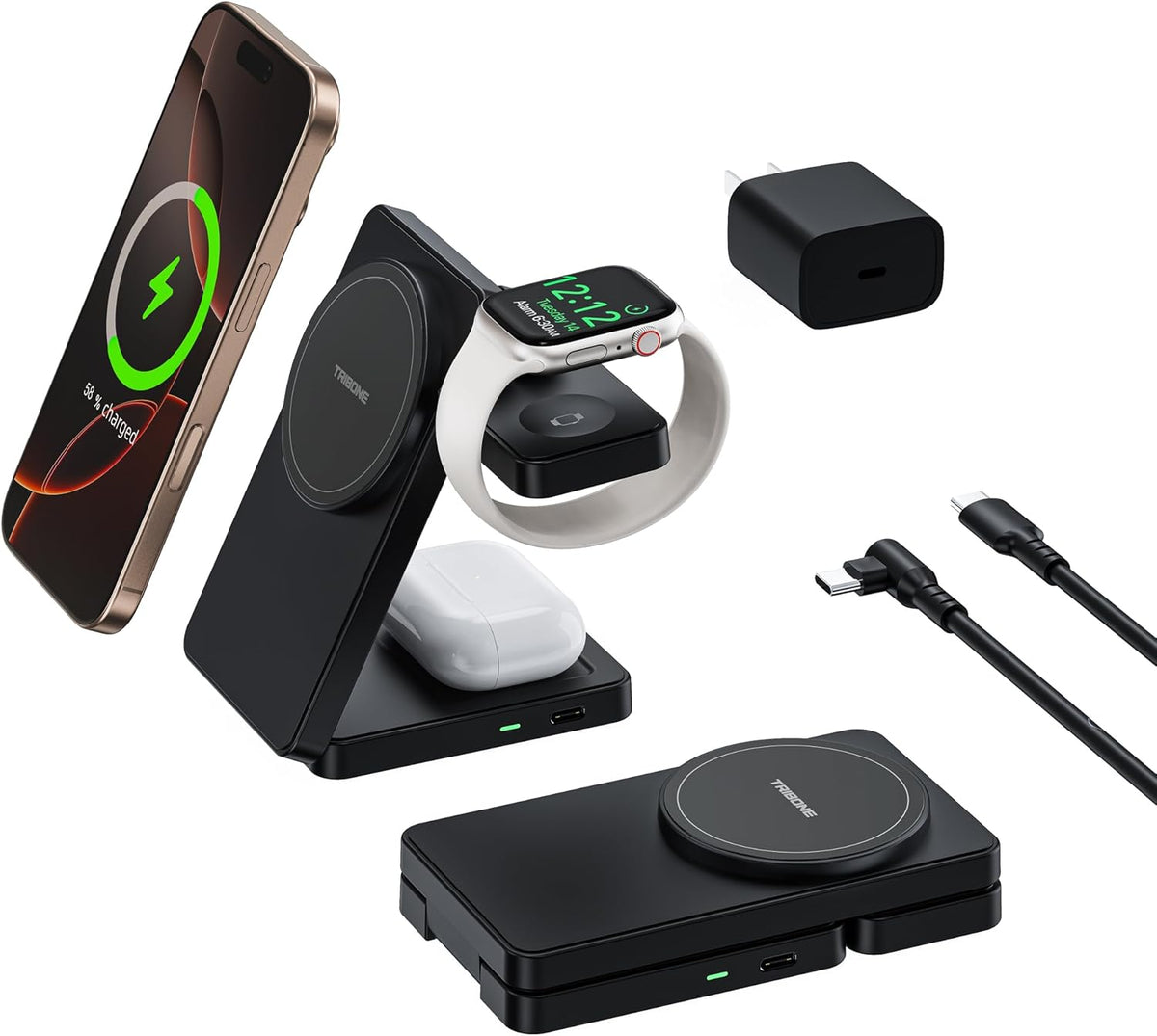 3 in 1 Charging Station for iPhone 16 15 14 13 12 Series, Wireless Charger for Apple Watch，Travel Magnetic Charging Stand for AirPods (Black)