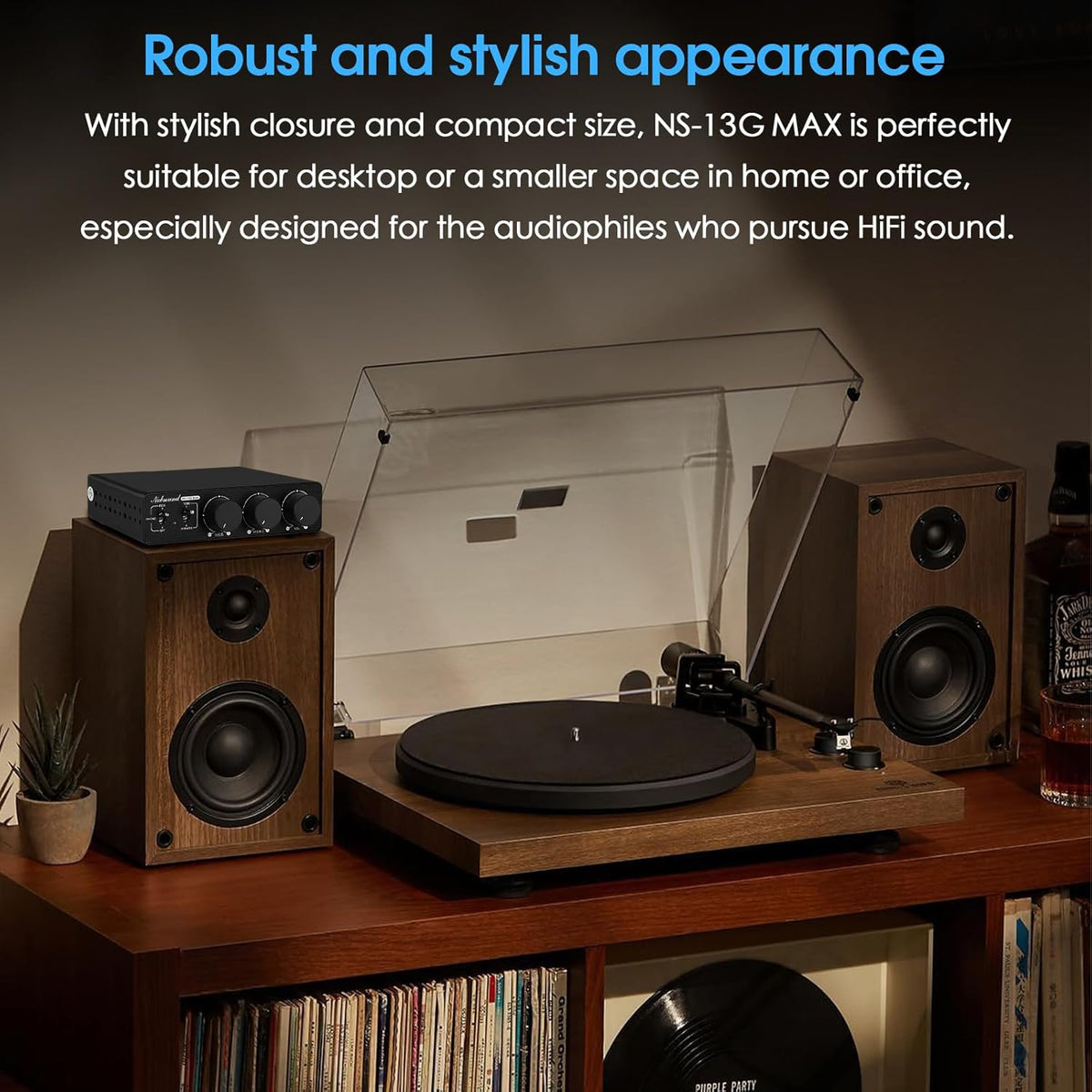 Douk Audio NS-13G MAX 300Wx2 Stereo Amplifier with Phono Input - HiFi Class D Mini Power Amp for Home Theater, Turntables, Studio Monitor | TPA3255 Chip, RCA/MM Inputs, Bass/Treble Control (DC 48V)
