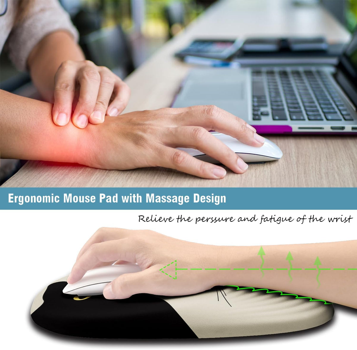 Mouse Pad, Ergonomic Mouse Pad with Wrist Rest Support and Non-Slip PU Base, Cute Computer Mousepad for Pain Relief, Office & Home, Beige Three Cats
