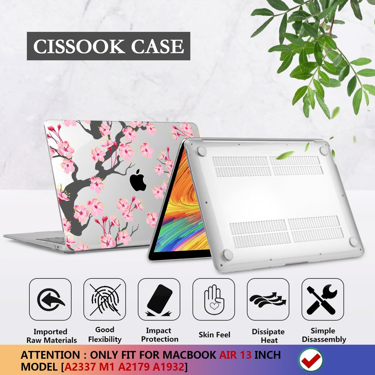 CISSOOK Hard Shell Case for MacBook Air 13 Inch A2337 M1 A1932 A2179 2021 2020 2019 2018 Released, Cherry Floral Beauty Cover with Keyboard Cover + Screen Protector for 2021 Air 13-Cherry Blossoms