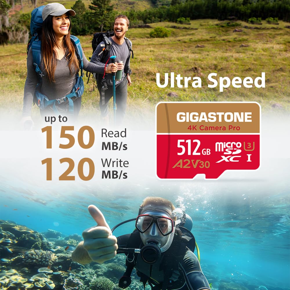 ?5-Years Data Recovery? GIGASTONE 512GB Micro SD Card, 4K Camera Pro, A2 V30 for Smartphone, Gopro, Action Cams, 4K UHD Video Recording, R/W up to