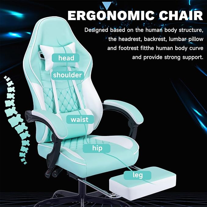 Leather Video Game Chairs Ergonomic Gamer Chairs for Adults Green Gaming Chair with Adjustable Support &amp Footrest (Green)