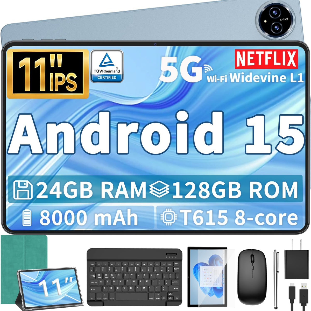 Android 15 Tablet, 11 inch Tablet with Keyboard, 24GB+128GB, 1TB Expand, Octa-Core, 2.4G/5G WiFi, 8000mAh, BT V5.0, GMS Certified, IPS Touch Screen, GPS, 2 in 1 with Case, Mouse, Stylus(Green)