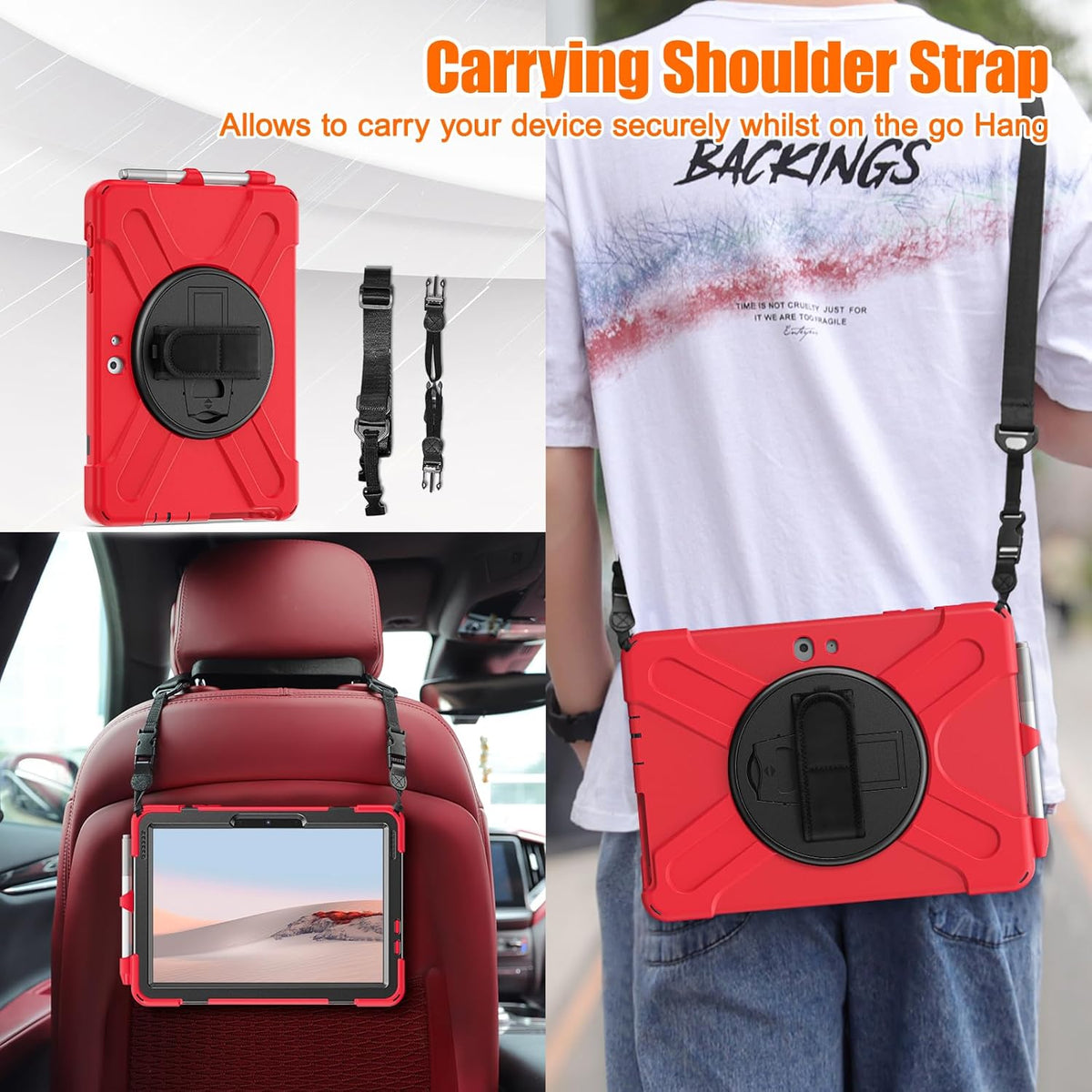 ZenRich Rugged Case for Surface Go 4 (2023)/Surface Go 3 (2021)/ Surface Go 2 (2020), Surface Go (2018) with Pen Holder Heavy Duty Shockproof Case with Stand Hand Strap and Shoulder Belt-Red