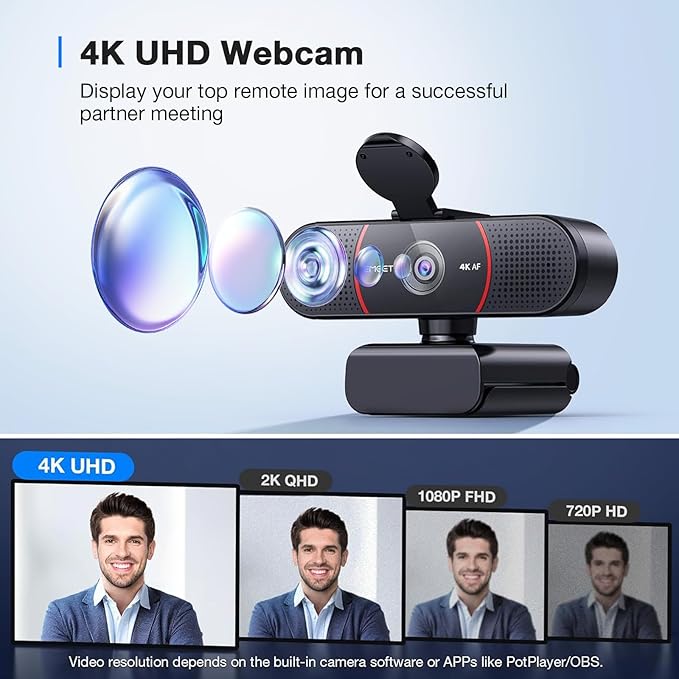 EMEET C960 4K Webcam with Tripod 4K UHD Sony Sensor 3 Adjustable Height Mini Tripod w/Privacy Cover PDAF Auto Focus Dual Noise-Cancelling Mics Auto Light Correction Perfect for Online Meetings