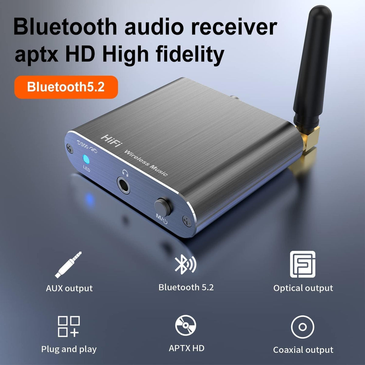Bluetooth 5.2 Wireless Audio Transmitter Receiver Adapter for Home Stereo, Speakers and Headphones, Support Aux, Coxial and Optical Outputs