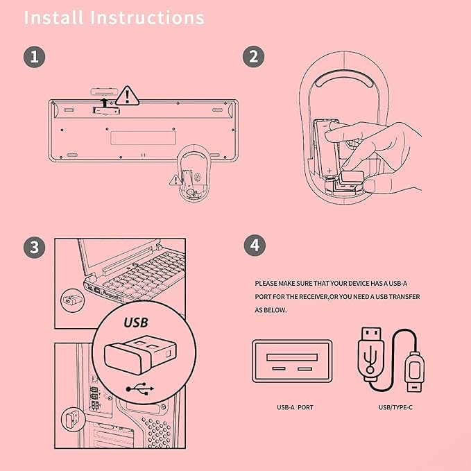 FOPETT Keyboard and Mouse Sets Wireless Reliable 2.4 GHz Connectivity for PCLaptopSmart TV and More (Pink)