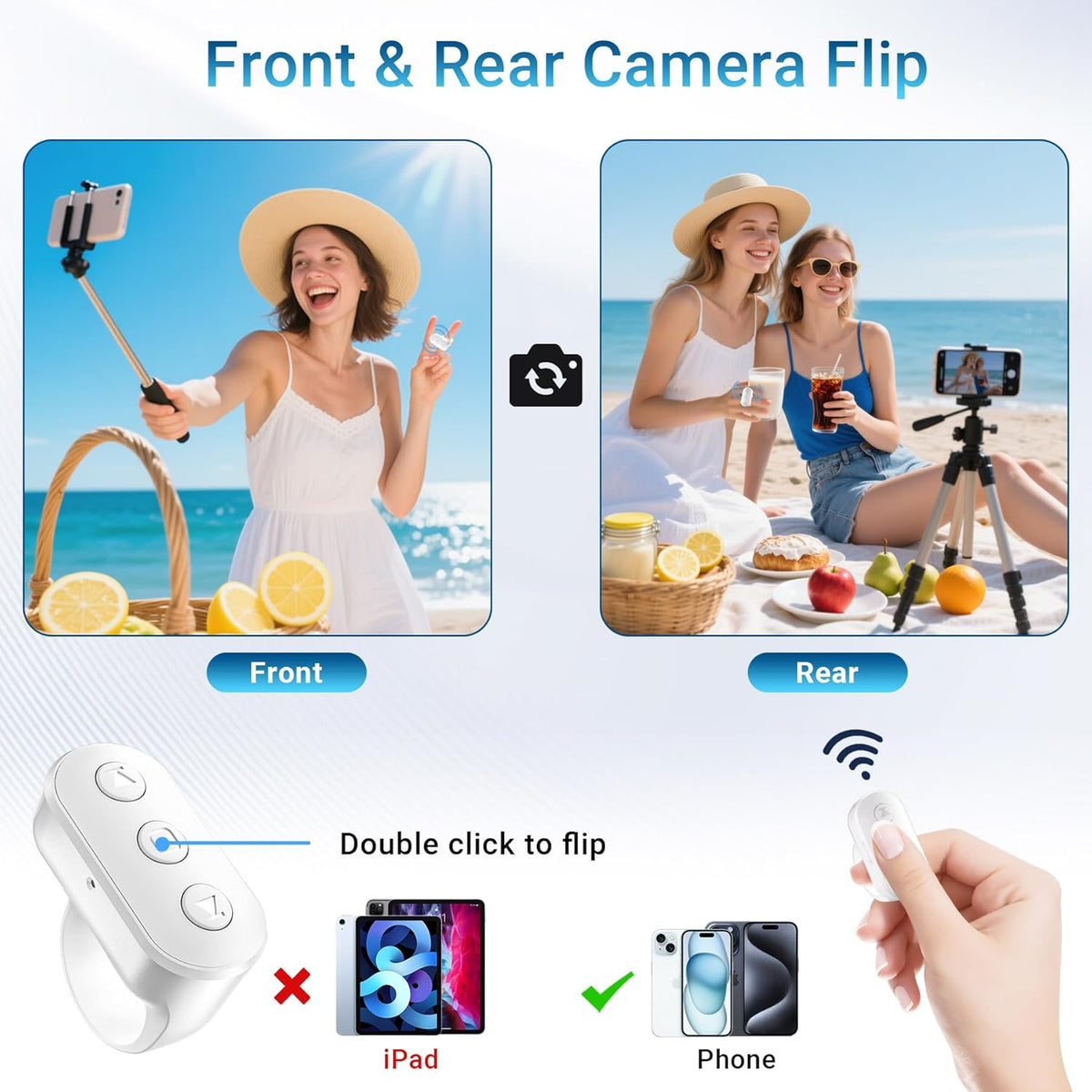 Wireless Ring Phone Zoom Remote for iPhone Android Camera Accessories, Phone Front/Rear Camera Flip Shutter, Content Creator Must Have Selfie Essentials for Tiktok YouTube Photo Video Recording