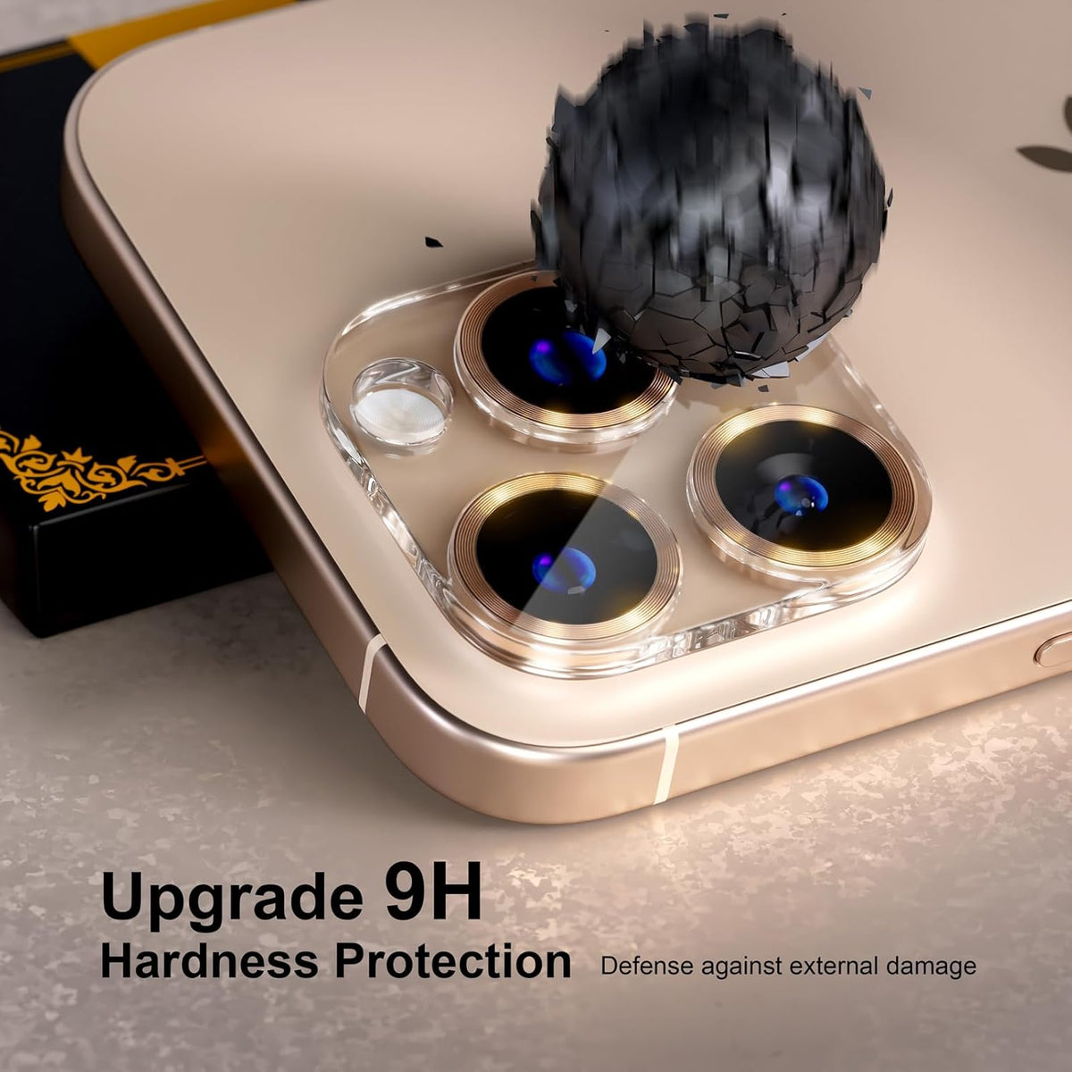beuxece for 6 Pack iPhone 15 Pro/iPhone 15 Pro Max Camera Lens Protector [Drop Protection] [Case Friendly] [Easy Installation] 9H Tempered Glass Camera Screen Protector Cover, CD Gold