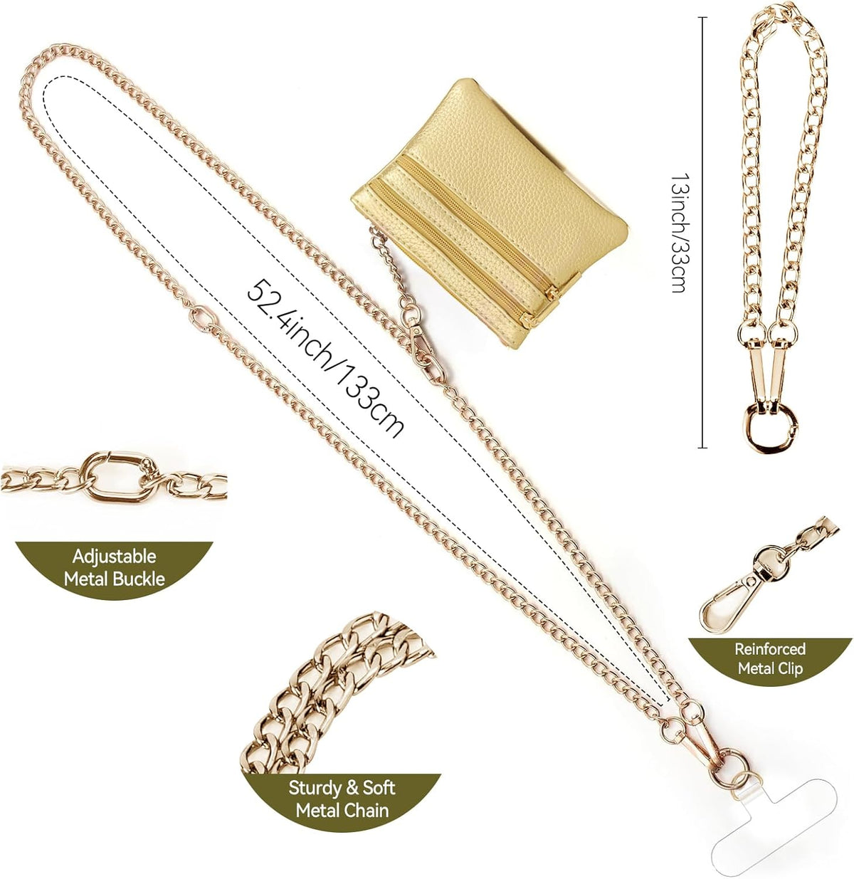 Clip and Go Strap for Phone Gold Metal Chain with Gold Purse Wallet Crossbody Phone Lanyard for Women with Cell Phone Stand Holder 2 Patches Tether Adjustable Anti Theft for iPhone 16 15 14 All Phones