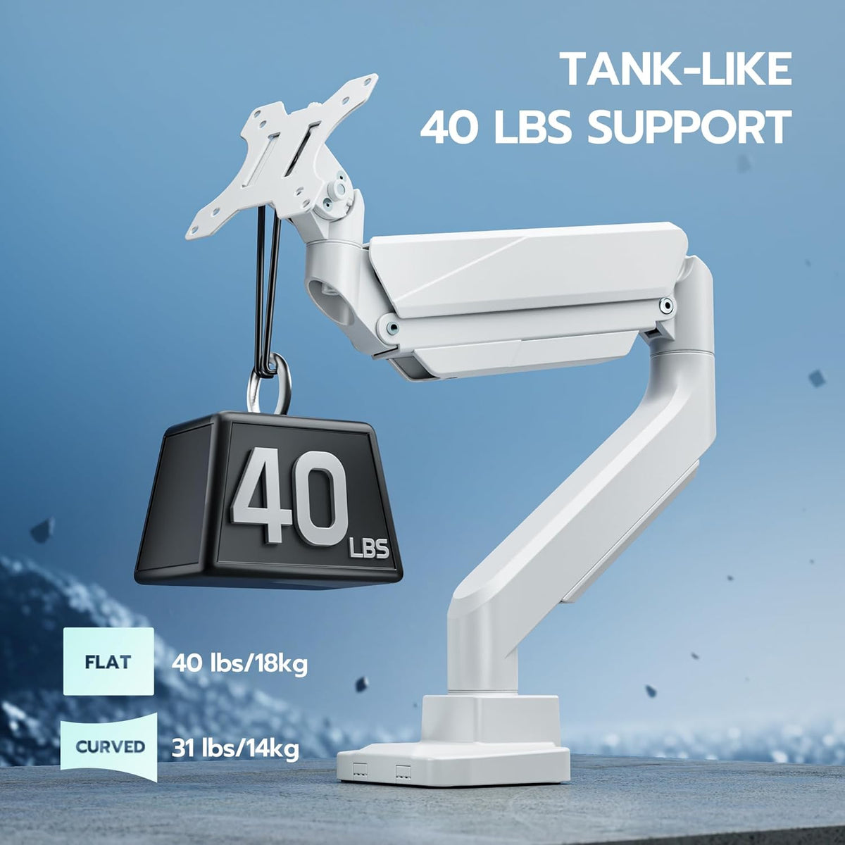 ARES WING Ultrawide Single Monitor Arm, Heavy Duty Monitor Mount for 13"-45" Curved Screens, Adjustable Stand for Desk with C-clamp & Grommet Base up to 40 LBS, White