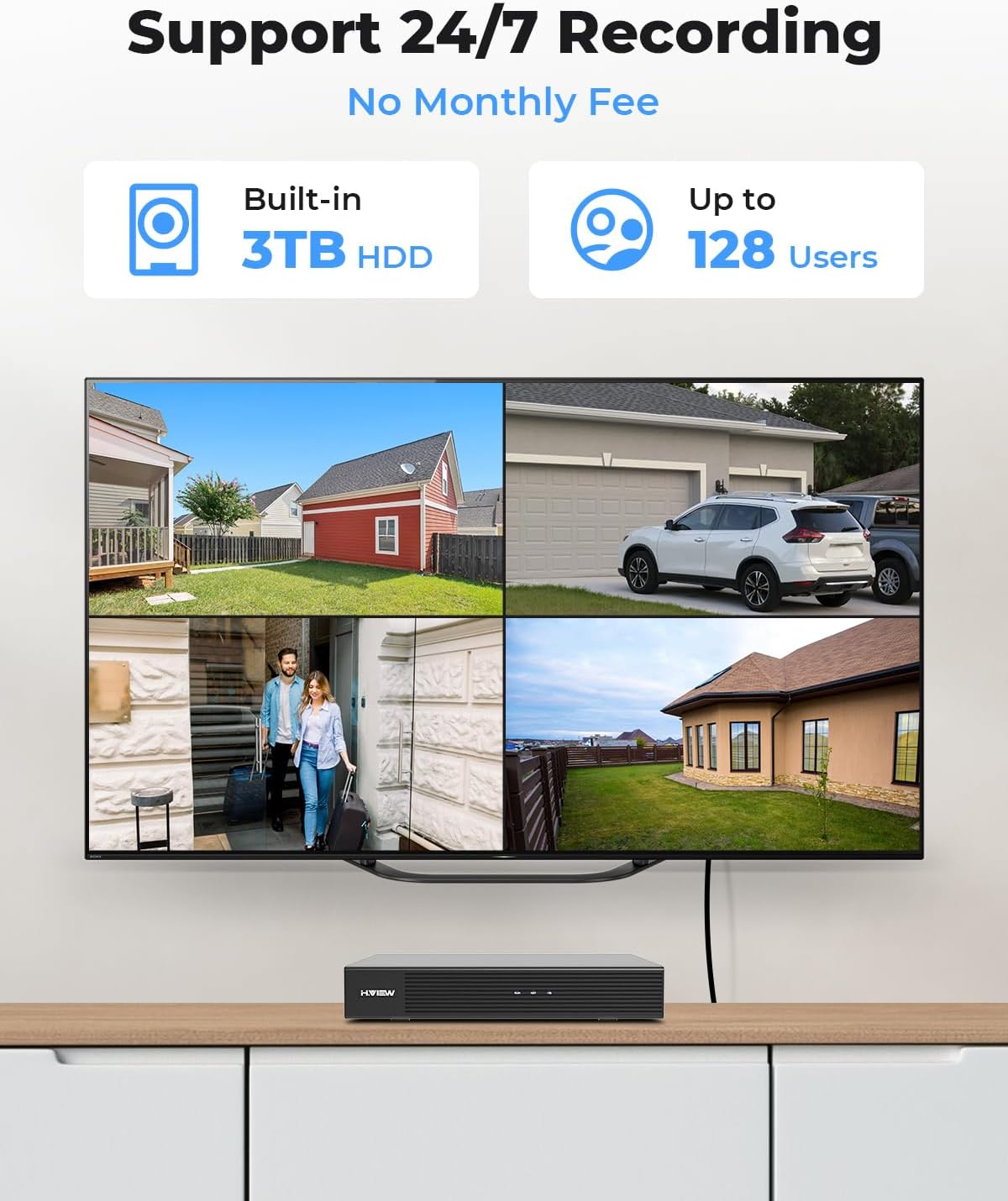 H.VIEW 4K Security Camera System, 4pcs H.265 PoE Wired Turret Cameras with Person Detection, 4K/8MP 8CH NVR with 3TB HDD for 24-7 Recording,Trigger Color Night Vision, Email Alert, AI Human